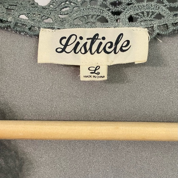 Listicle Lace Trimmed Crushed Velvet Vest Grey with Muted Turquoise Detailing - Picture 3 of 4